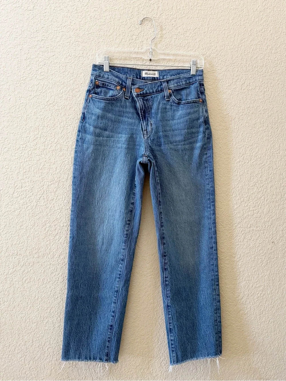 Madewell Jeans The Mid Rise Perfect Vintage Crossover Zipper Raw Hem Blue 27